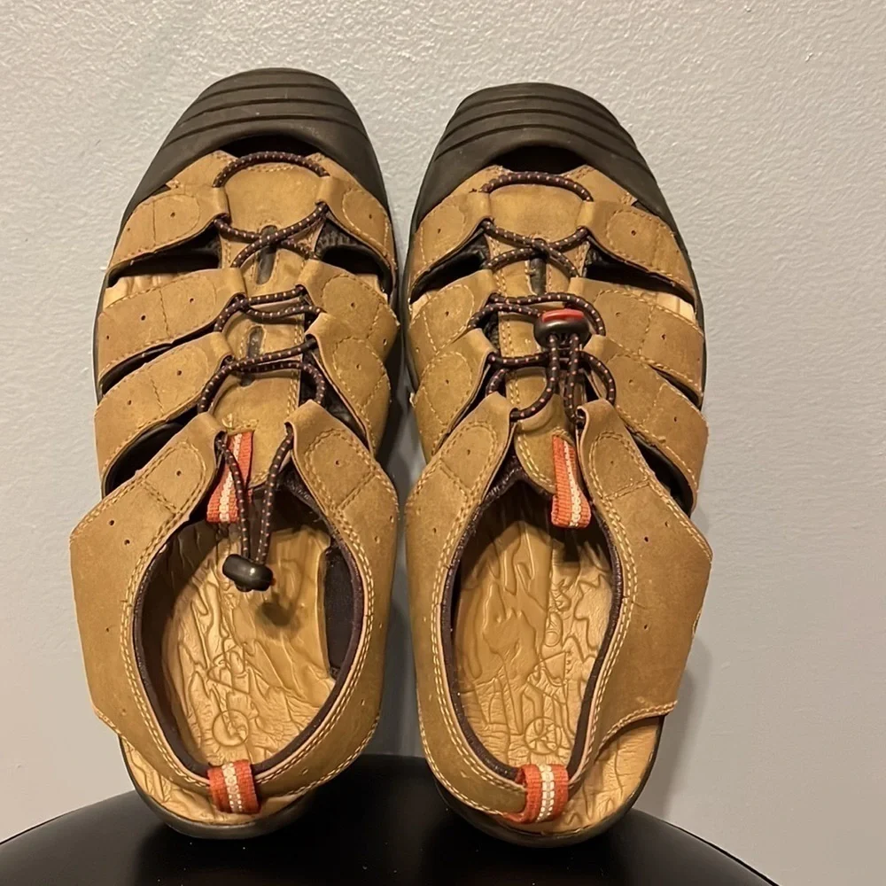 Ozark Trail Closed Toe, Open Sides Sandals Color is Tan, Mens size 9